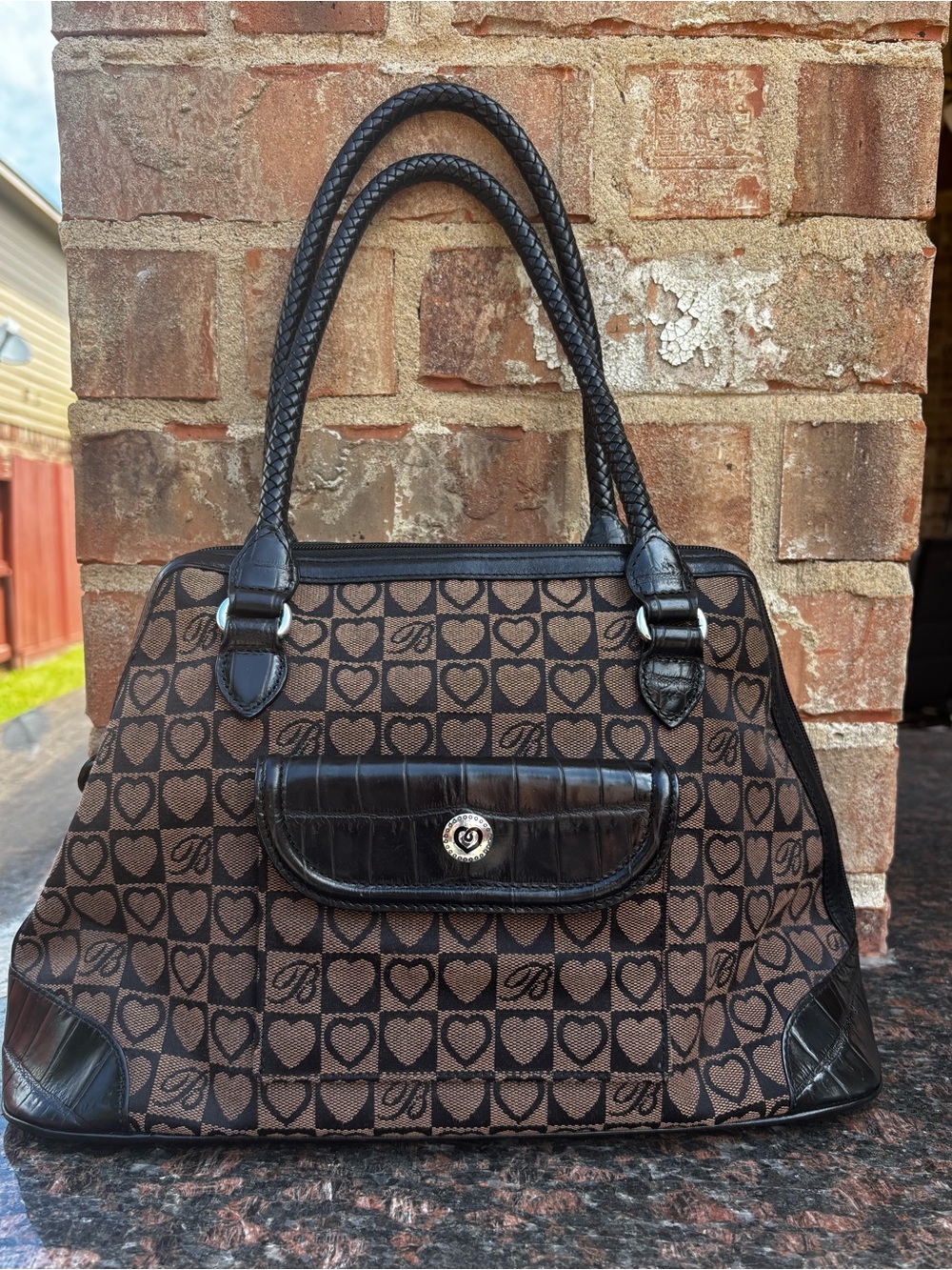 Preowned Brighton Black & Brown Jocelyn Heart Logo Bag Purse Braided Straps